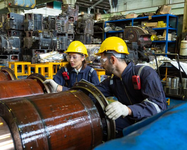 Diesel mechanics working on an engine during diesel mechanic training