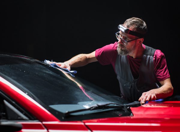 A male professional auto detailer polishing a car's windshield