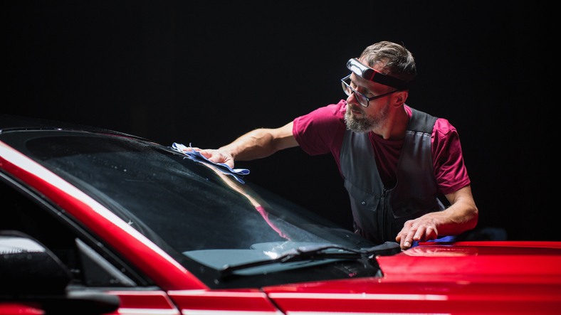 A male professional auto detailer polishing a car's windshield