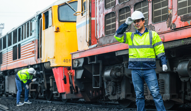 A male locomotive mechanic standing beside a train undergoing maintenance