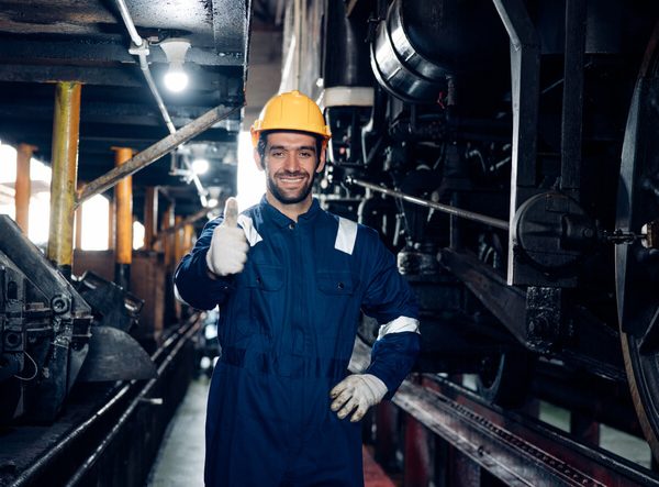 A male locomotive mechanic wearing a safety uniform and a helmet