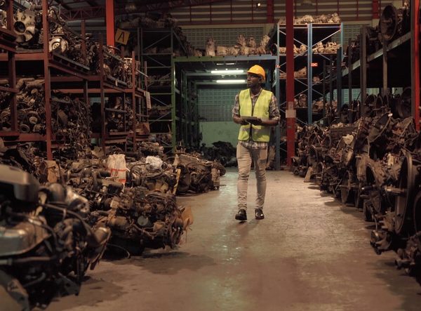 An auto parts training graduate in a warehouse