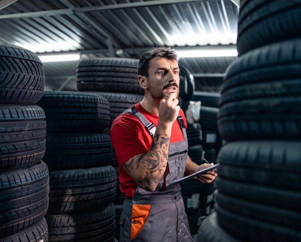An auto parts training grad inspecting tire inventory in an auto parts shop