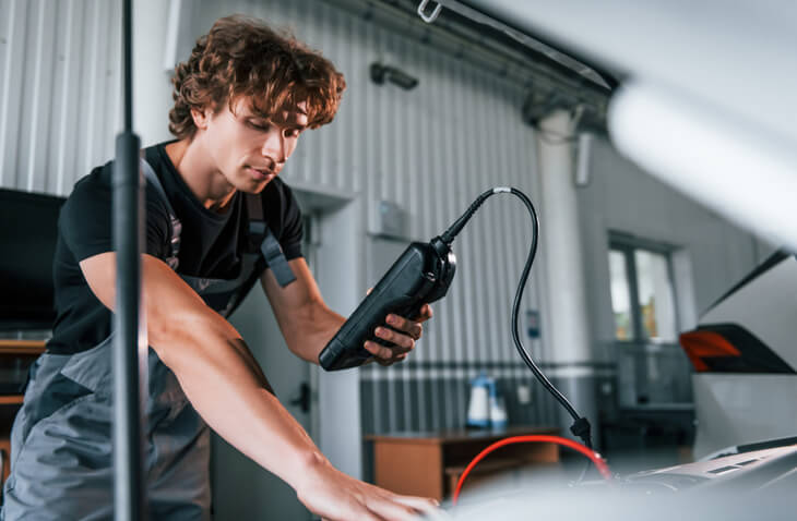 An automotive training student using a diagnostic scanner on a car