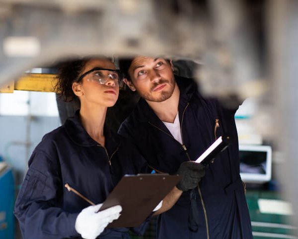 An auto mechanic student learning diagnostic skills in a training lab