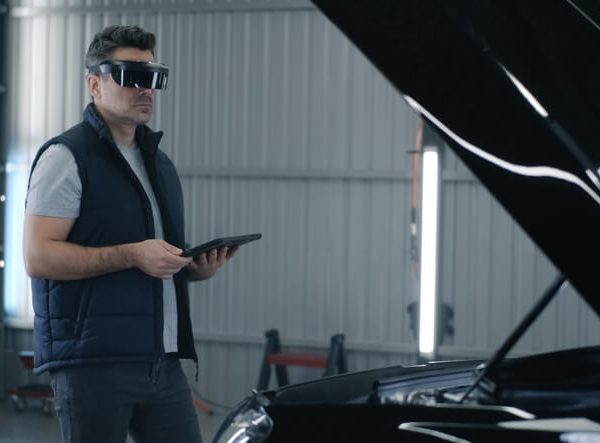 An Auto mechanic using augmented reality glasses to inspect an engine