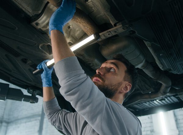 A student practicing exhaust system diagnostics as part of auto mechanic training.