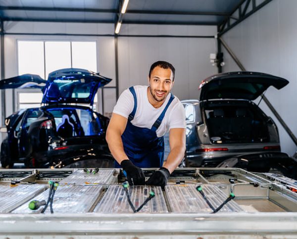 A technician in protective gloves is handling an EV battery pack in a workshop as part of EV battery recycling and safe removal procedures.