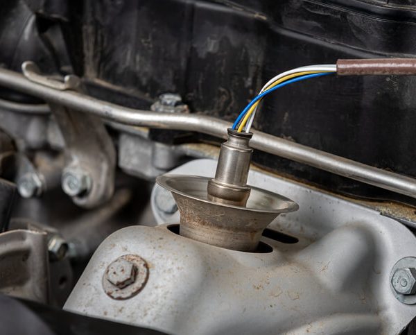 An oxygen sensor installed in a vehicle's exhaust system during inspection